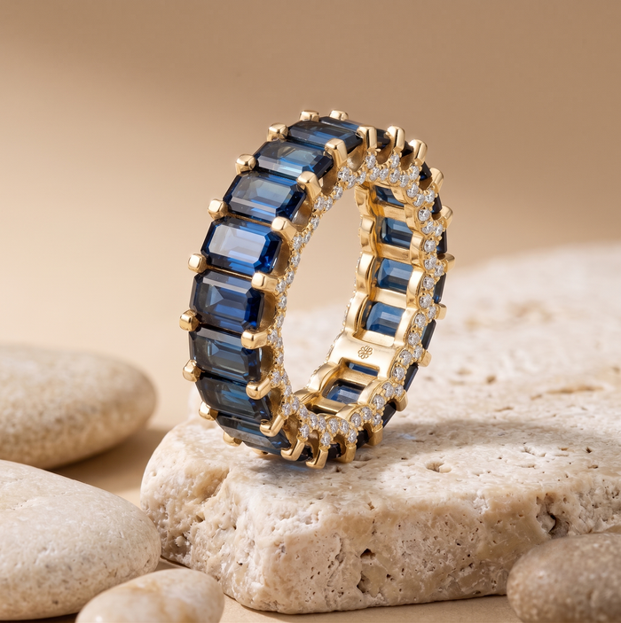 Emerald-Cut Royal Blue Sapphire Eternity Ring in 14K Yellow Gold