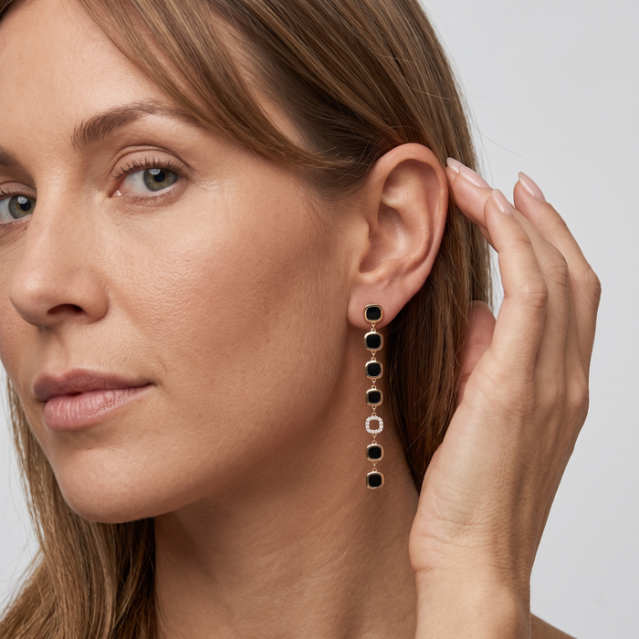 Diamond Black Enamel Drop Earrings in 14K Yellow Gold