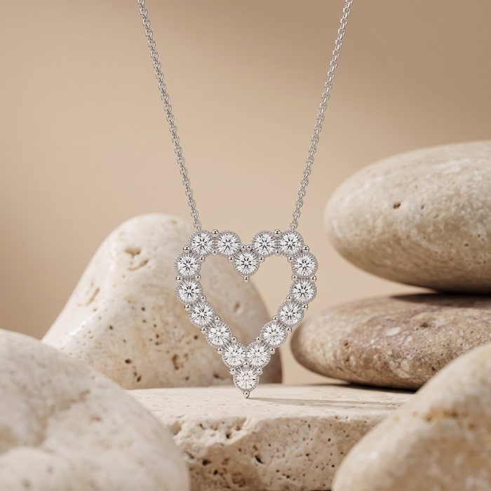 Cushion Cut Open Heart Diamond Necklace in 14K White Gold