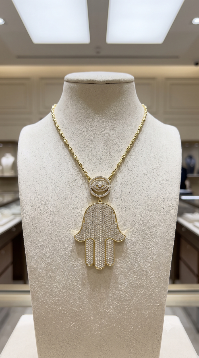 Pretty Round Diamond Hamsa Eye Necklace in 14K Gold