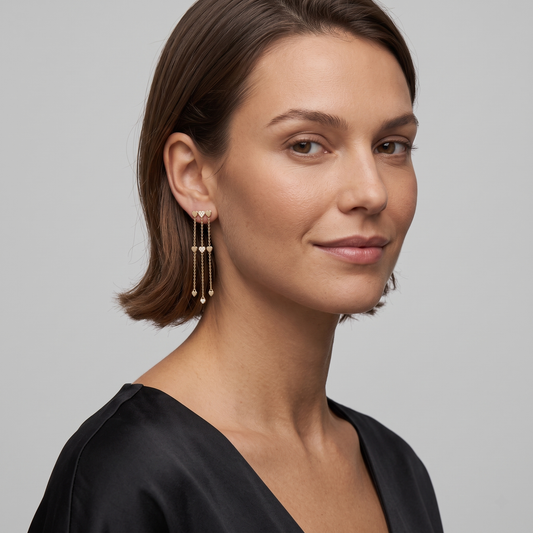 Triple Heart Dangle Diamond 14K (or 18k upon request) Yellow Gold Drop Earrings