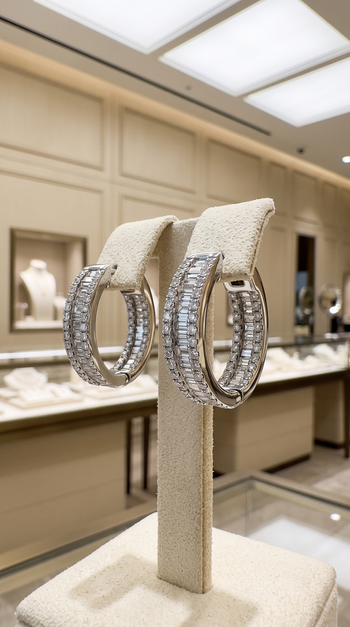 Pave Baguette Diamond Huggie Hoop Earrings in 14K White Gold
