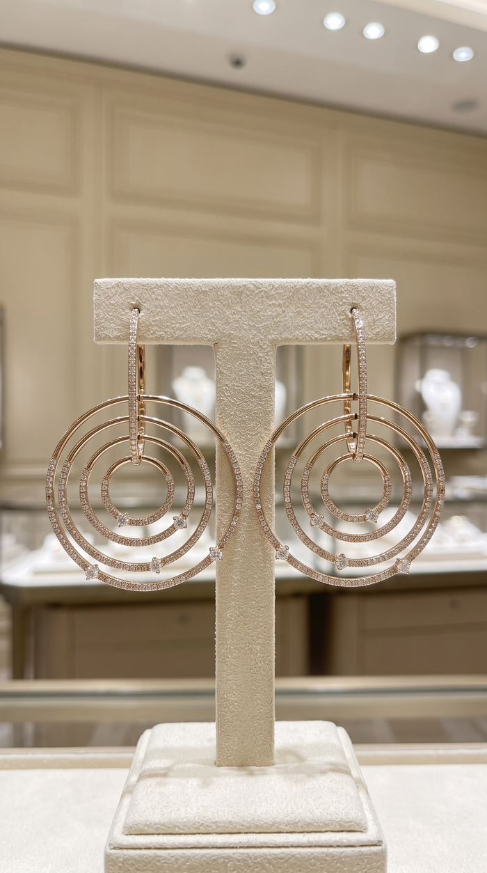 Concentric Circle Diamond 14K (or 18k upon request) Yellow Gold Drop Earrings