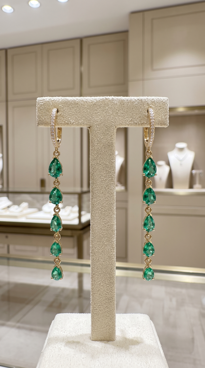 Graduated Pear Cut Emeralds Long Drop Earrings in 14K Gold