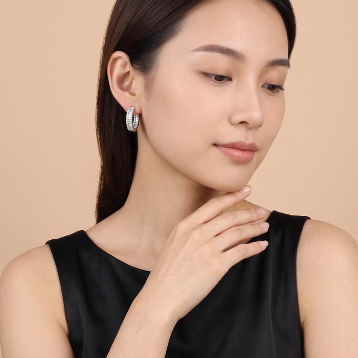 Pave Baguette Diamond Huggie Hoop Earrings in 14K White Gold