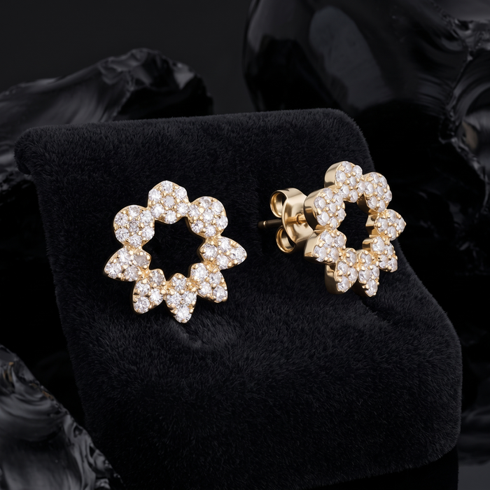 Pave Diamond Open Floral Stud Earrings in 14K Yellow Gold