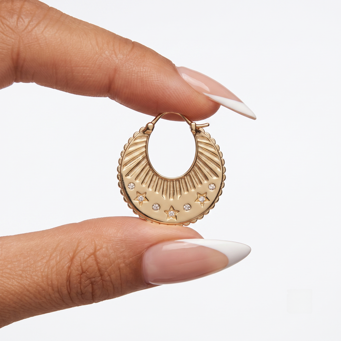 Celestial Etched Starburst Hoop Earrings in 14K Yellow Gold