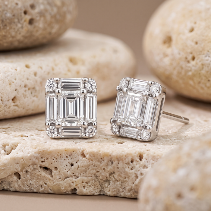 Asscher Cut Diamond Stud Earrings in 14K White Gold