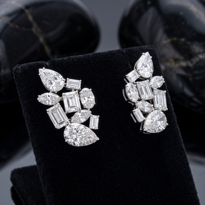 Magnificent Statement Diamond Cluster 14K White Gold Earrings