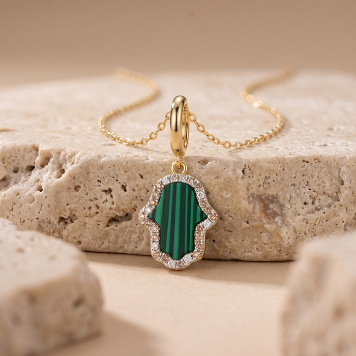 Malachite Hamsa Pendant Diamond Necklace in 14K Yellow Gold
