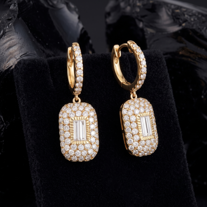 Baguette Round Cut Rectangle Drop Earrings in 14K Gold