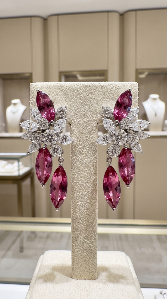 Marquise Ruby Diamond Floral Drop Earrings in 18K White Gold