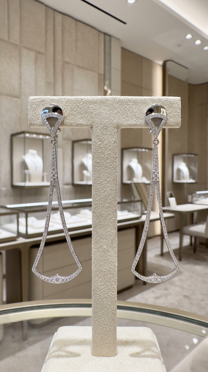Abstract Diamond Long Drop Earrings in 14K White Gold