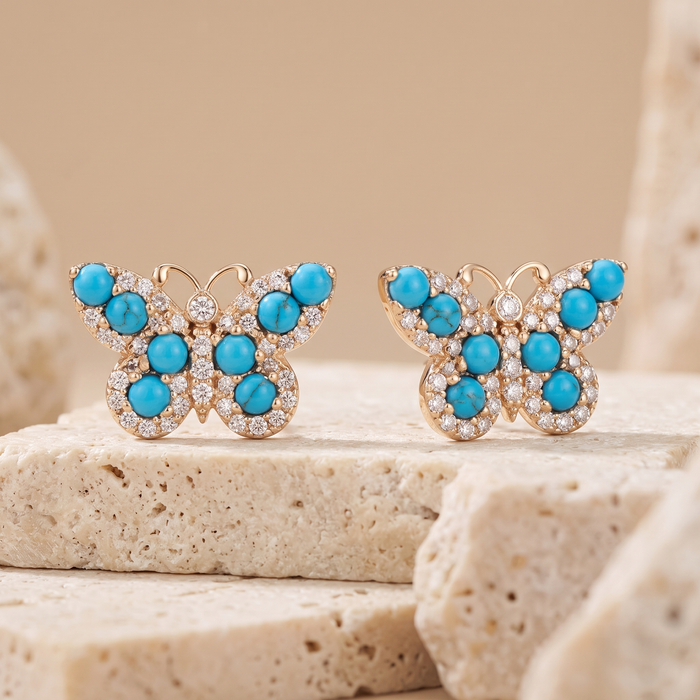 Turquoise Butterfly Diamond Accents Stud Earrings in 14K Yellow Gold