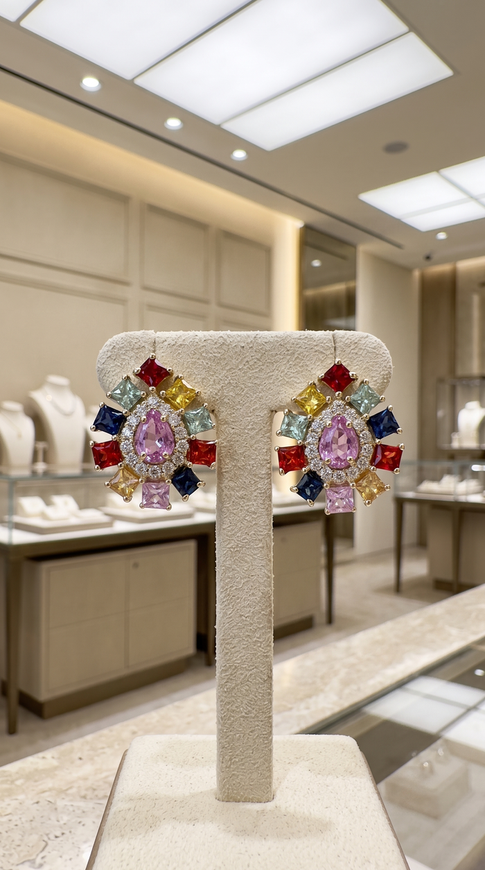 Multi-Sapphire Diamond Stud Earrings in 14K Yellow Gold