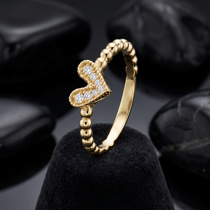 Round Diamond Heart Beaded Ring in 14K Gold