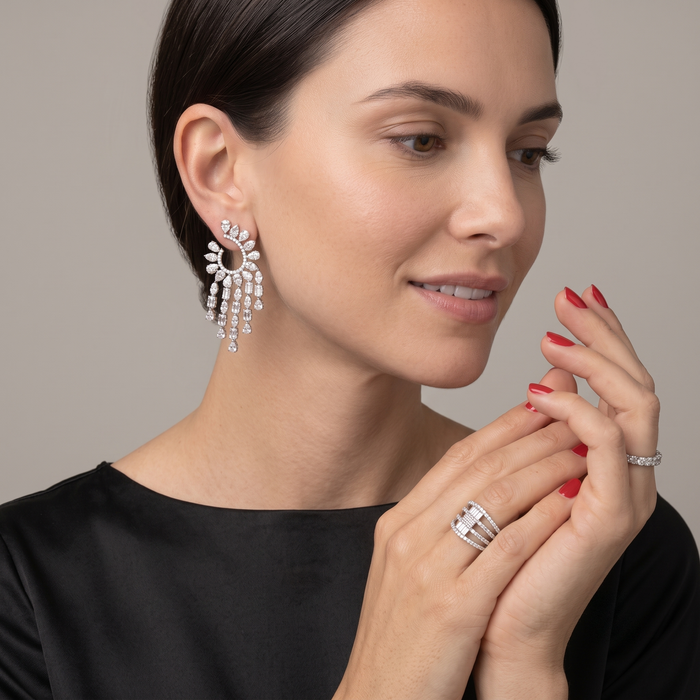 Chandelier Pear Marquise Diamond Statement Earrings in 18K White Gold