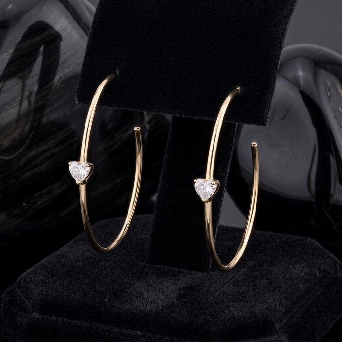 Open Heart Solitaire Hoop Earrings in 14K Gold
