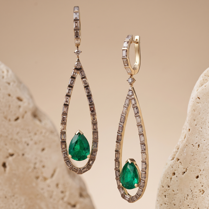 Green Emerald Drop Black Finish Earrings in 18K Yellow Gold