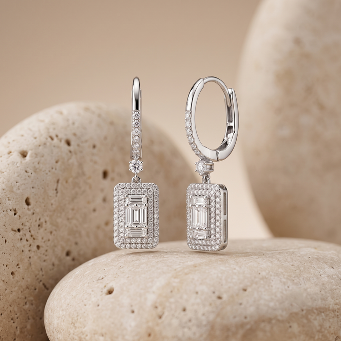 Baguette Halo Diamond Drop Huggie Earrings in 14K White Gold