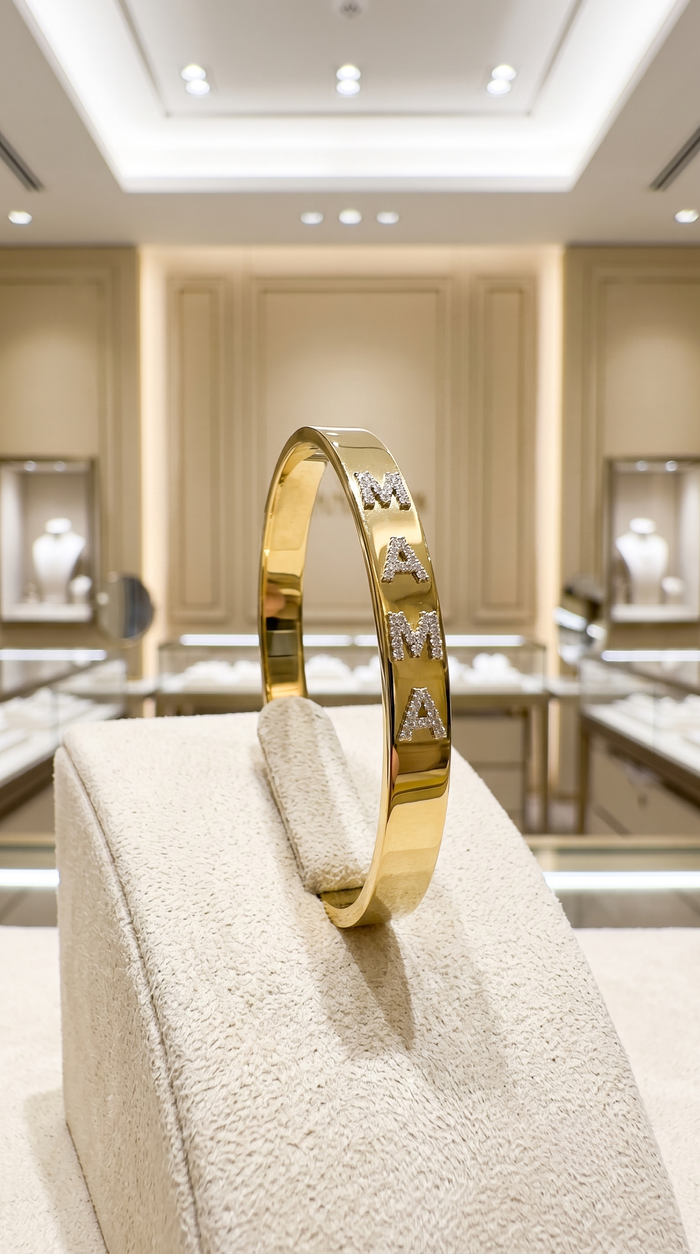 Mama Bangle Pave Letter Diamond Bracelet in 14K Yellow Gold