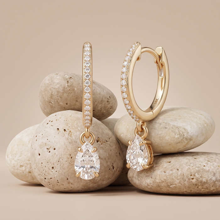 Pave Teardrop Dangle Hoop Earrings in 14K Yellow Gold
