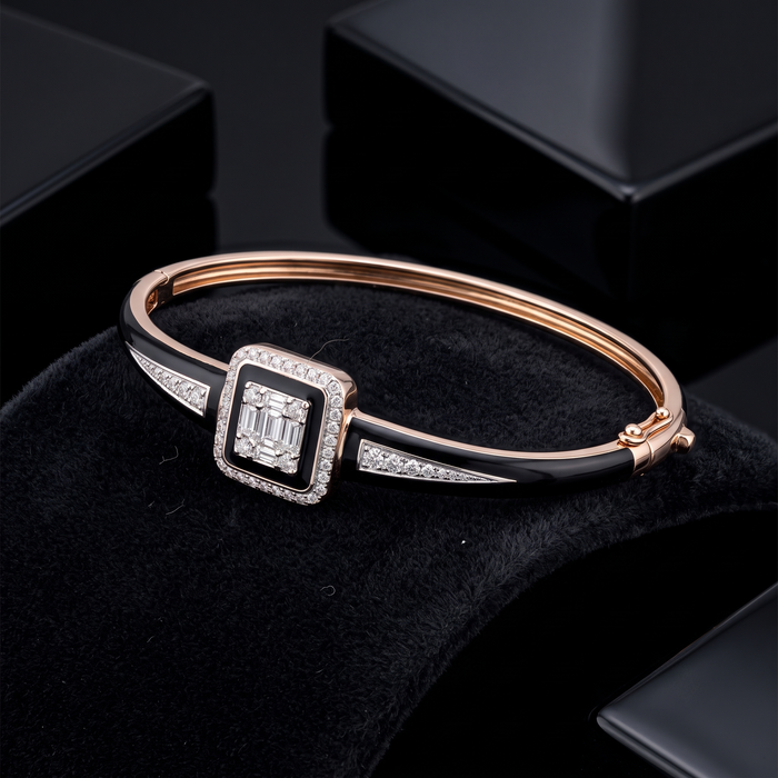 Black Enamel Emerald Cut Diamond Bracelet in 14K Gold