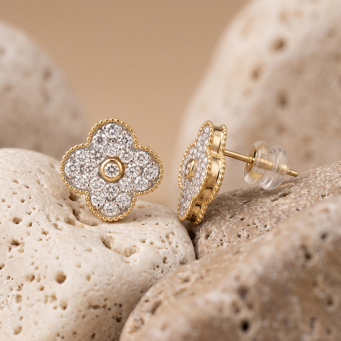 Radiant Pave Diamond Flower Stud Earrings in 14K Gold