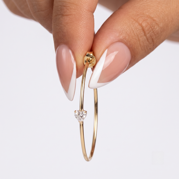 Open Heart Solitaire Hoop Earrings in 14K Gold