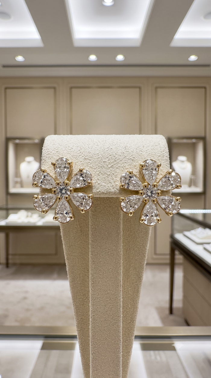 Pear Cut Flower Stud Earrings in 14K Yellow Gold