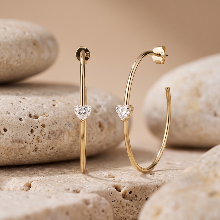 Open Heart Solitaire Hoop Earrings in 14K Gold