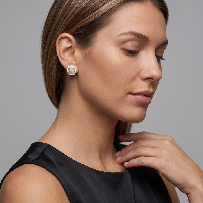 White Enamel Cushion Diamond Pave Stud Earrings in 14K Yellow Gold