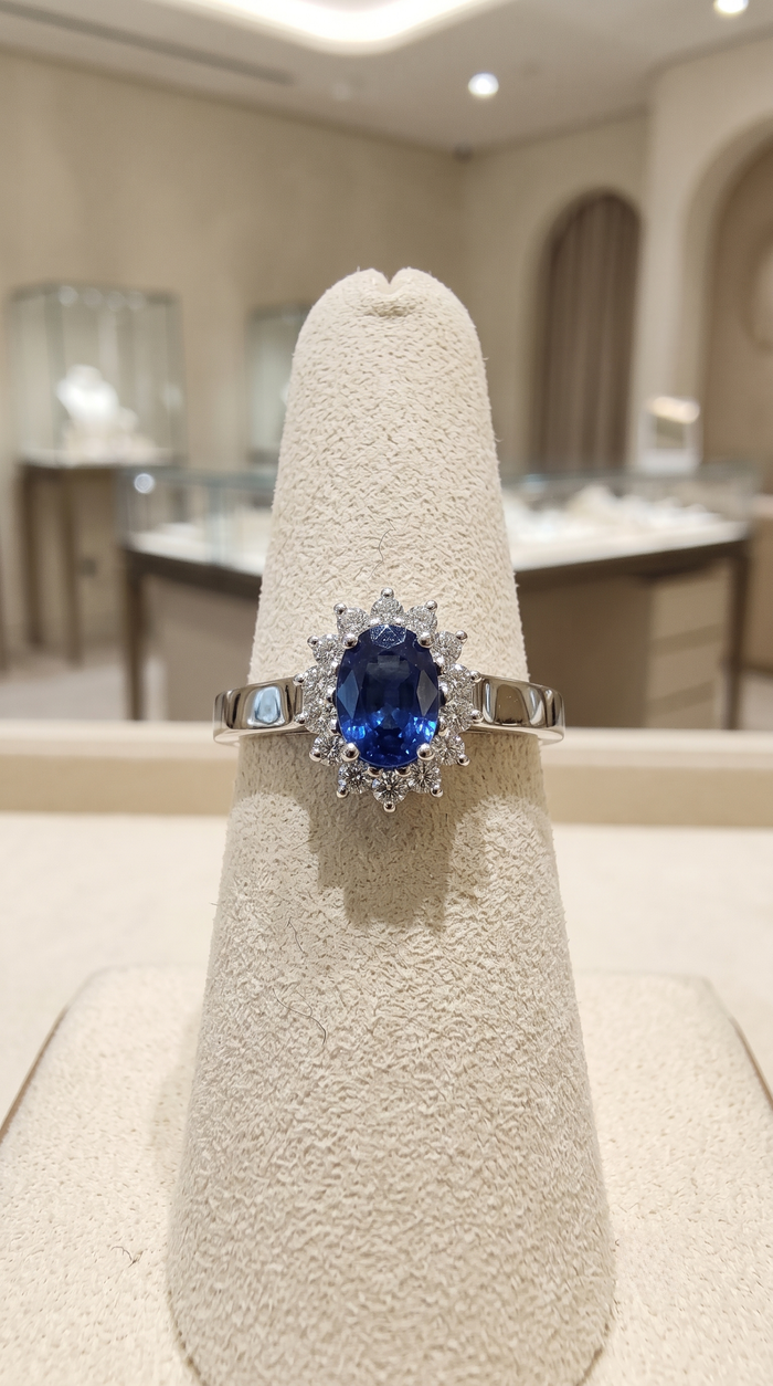 Oval Blue Sapphire 14K Diamond Cluster Ring