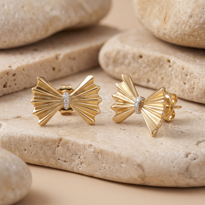 Diamond Fan Bow Stud Earrings in 14K Yellow Gold