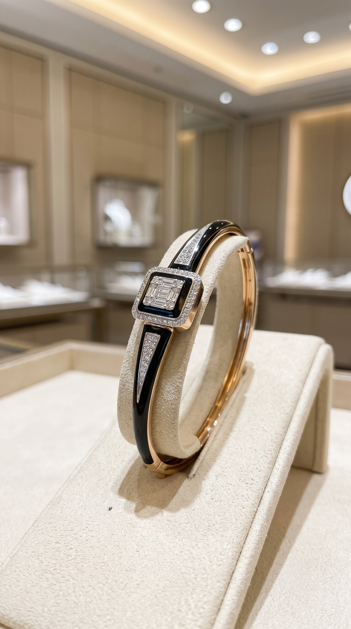 Black Enamel Emerald Cut Diamond Bracelet in 14K Gold