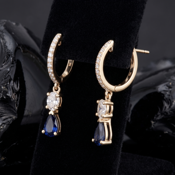 Midnight Sapphire Drop Earrings in 14K Yellow Gold