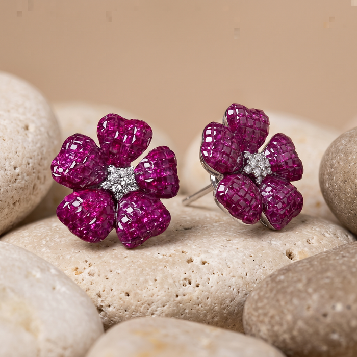 Diamonds Kissed Pink Blossom Stud Earrings in 14K Yellow Gold