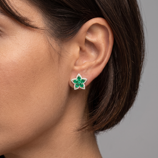 Emerald Ruby Gemstone Stud Earrings in 14K Yellow Gold