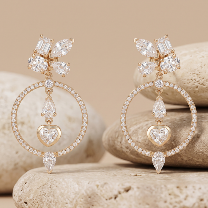Multi Shape Diamond Heart Circle Drop Earrings in 14K Yellow Gold