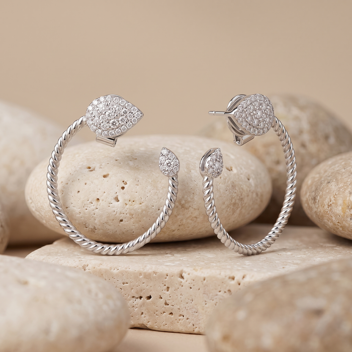 Pave Diamond Twisted Open Hoop Earrings in 14K White Gold