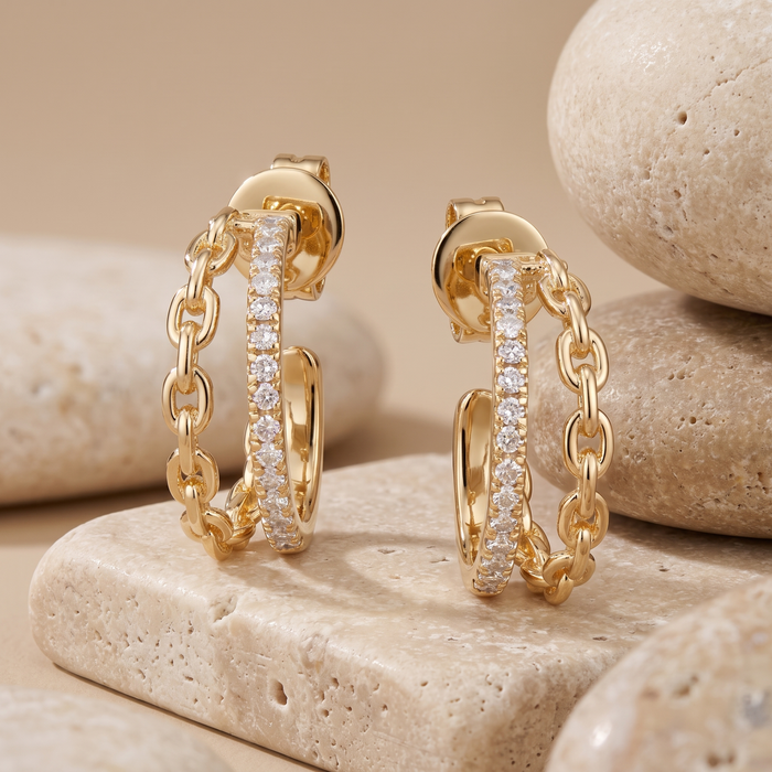 Chain Link Diamond Double Hoop Earrings in 14K Yellow Gold