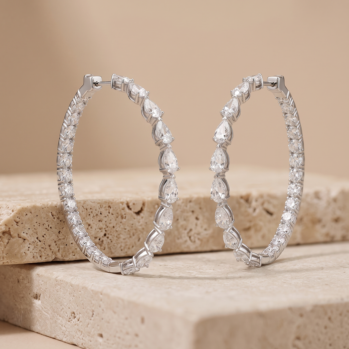 Teardrop Diamond Eternity Hoop Earrings in 18K White Gold