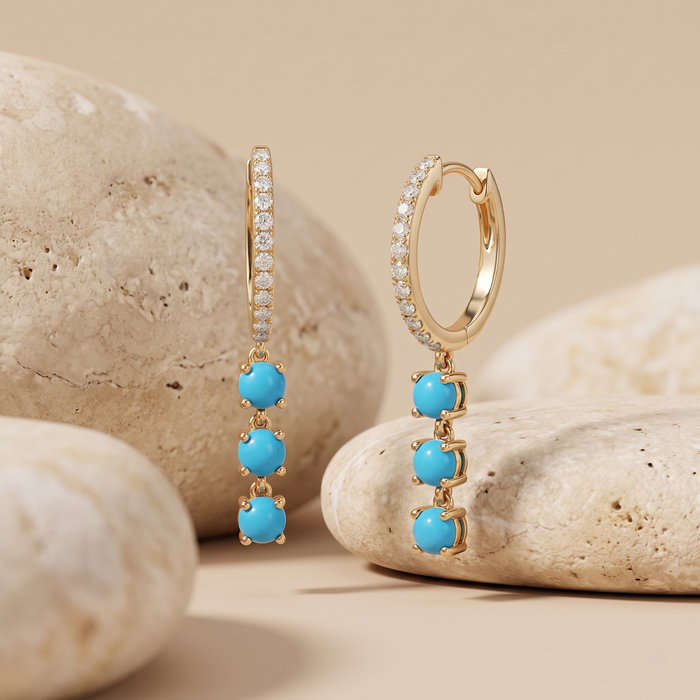 Turquoise Trio Drop Diamond Huggie Hoop Earrings in 14K Yellow Gold