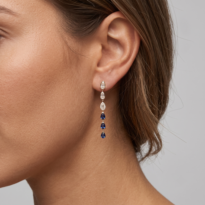 Baguette Diamond Sapphire Drop Cascade Earrings in 14K Yellow Gold