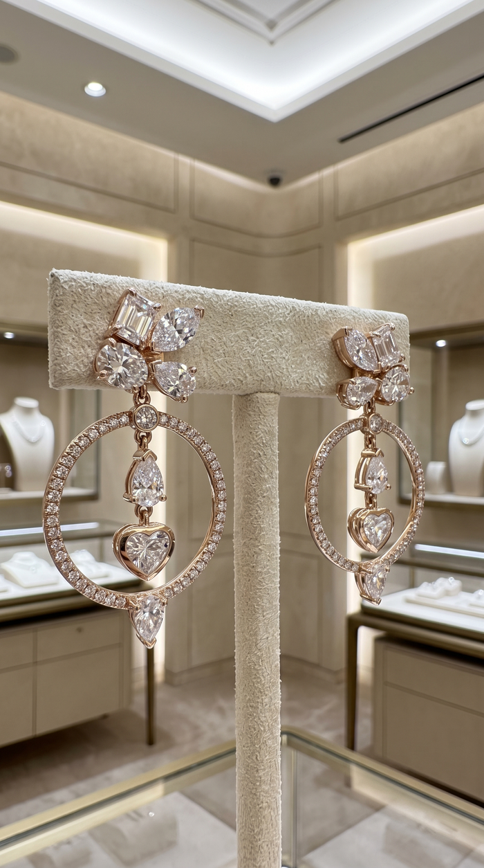 Multi Shape Diamond Heart Circle Drop Earrings in 14K Yellow Gold