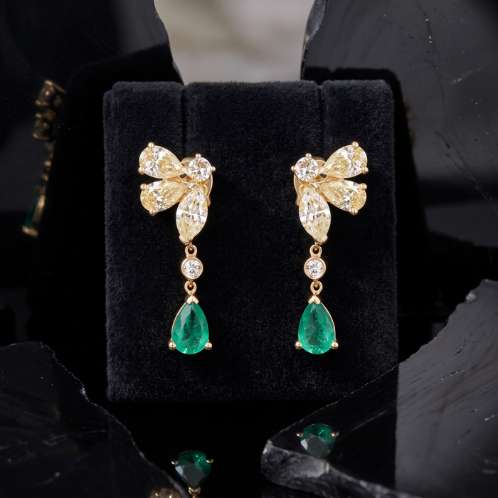 Cluster Teardrop Emerald Drop Earrings in 14K Yellow Gold