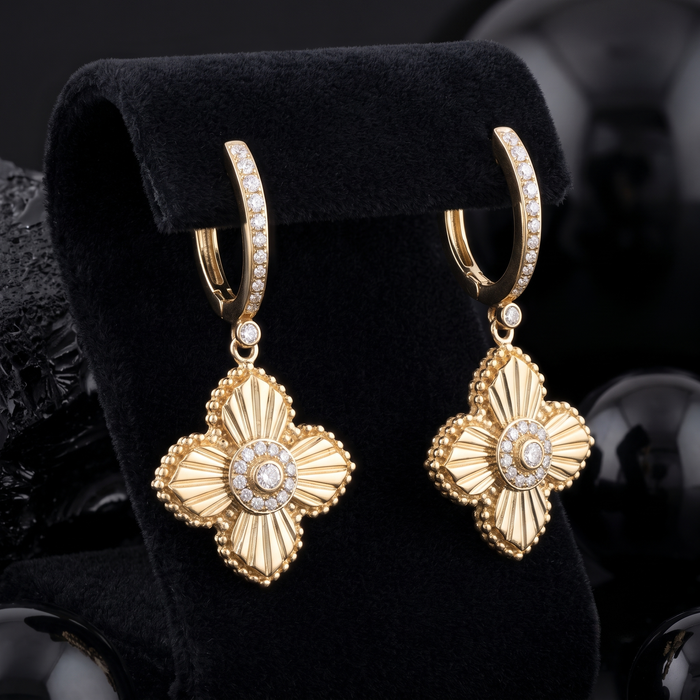 Radiant Clover 14K (or 18k upon request) Yellow Gold Diamond Drop Earrings