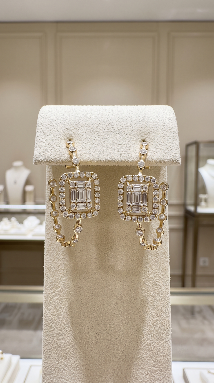 Baguette Diamond Frame Hoop Stud Earrings in 14K Yellow Gold