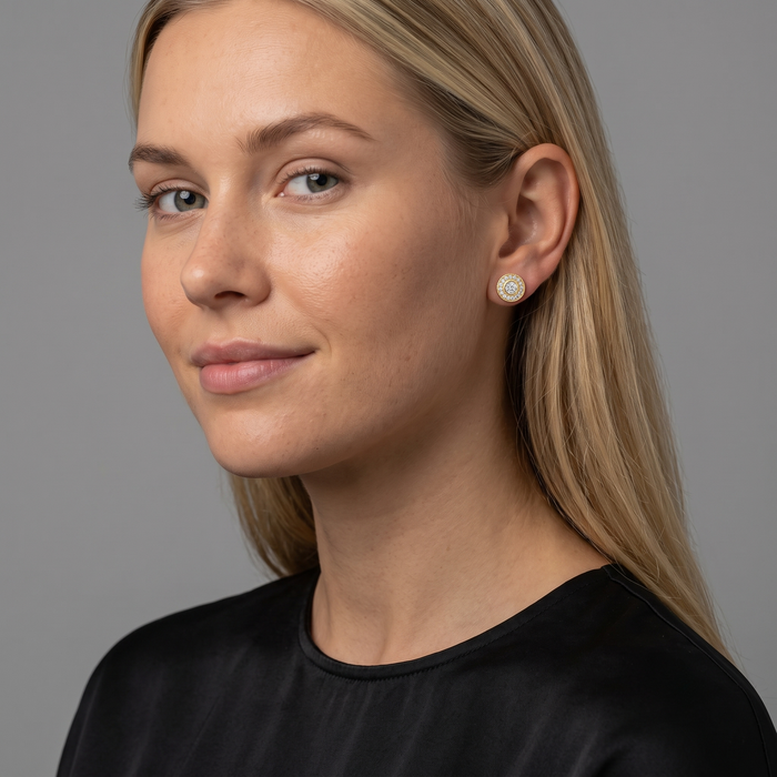 Round Diamonds Push Back Halo Stud Earrings in 14K Gold