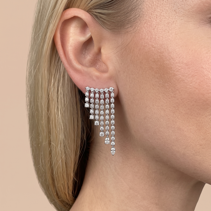 Multi Row White Sqaue 14K Diamond Dangling Earrings